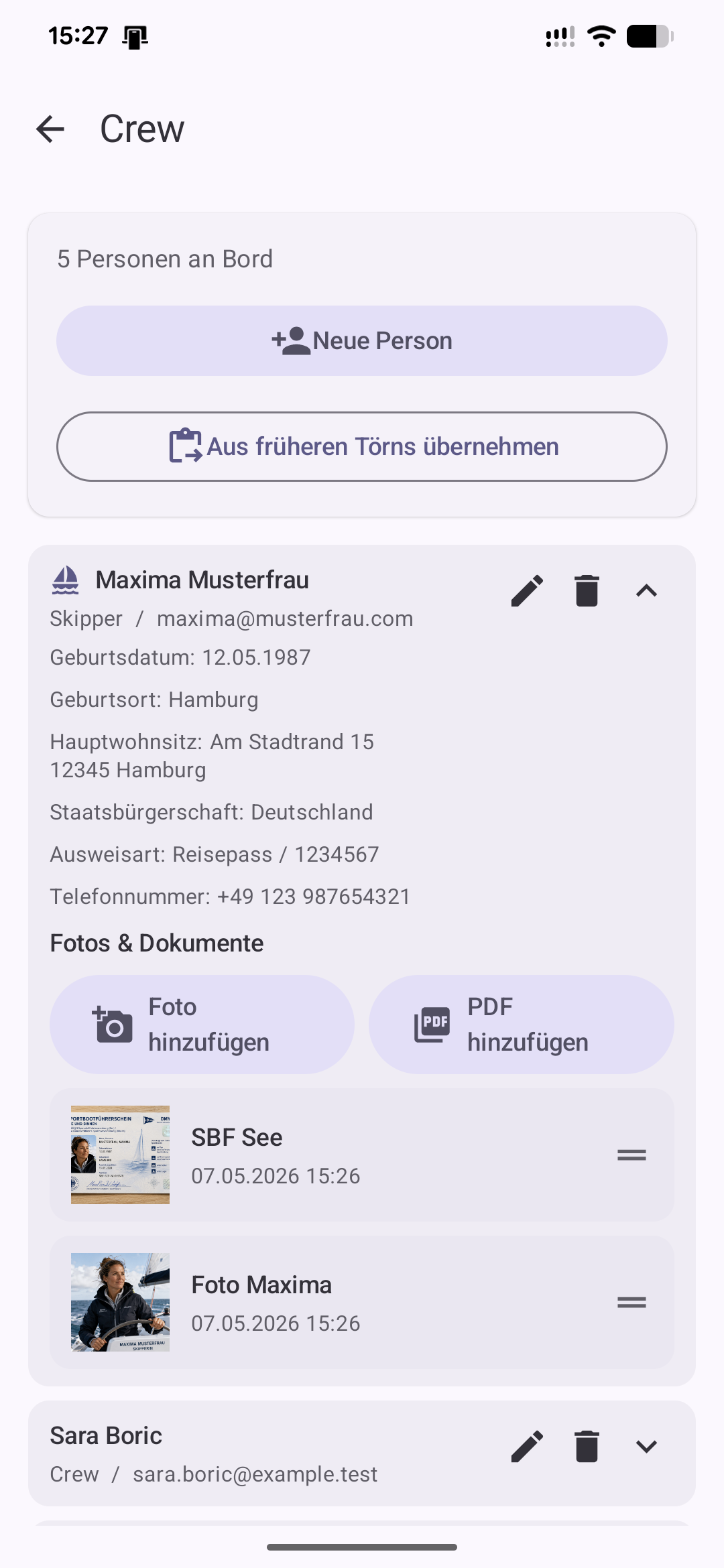 BoatLog Screenshot Crew und Dokumente