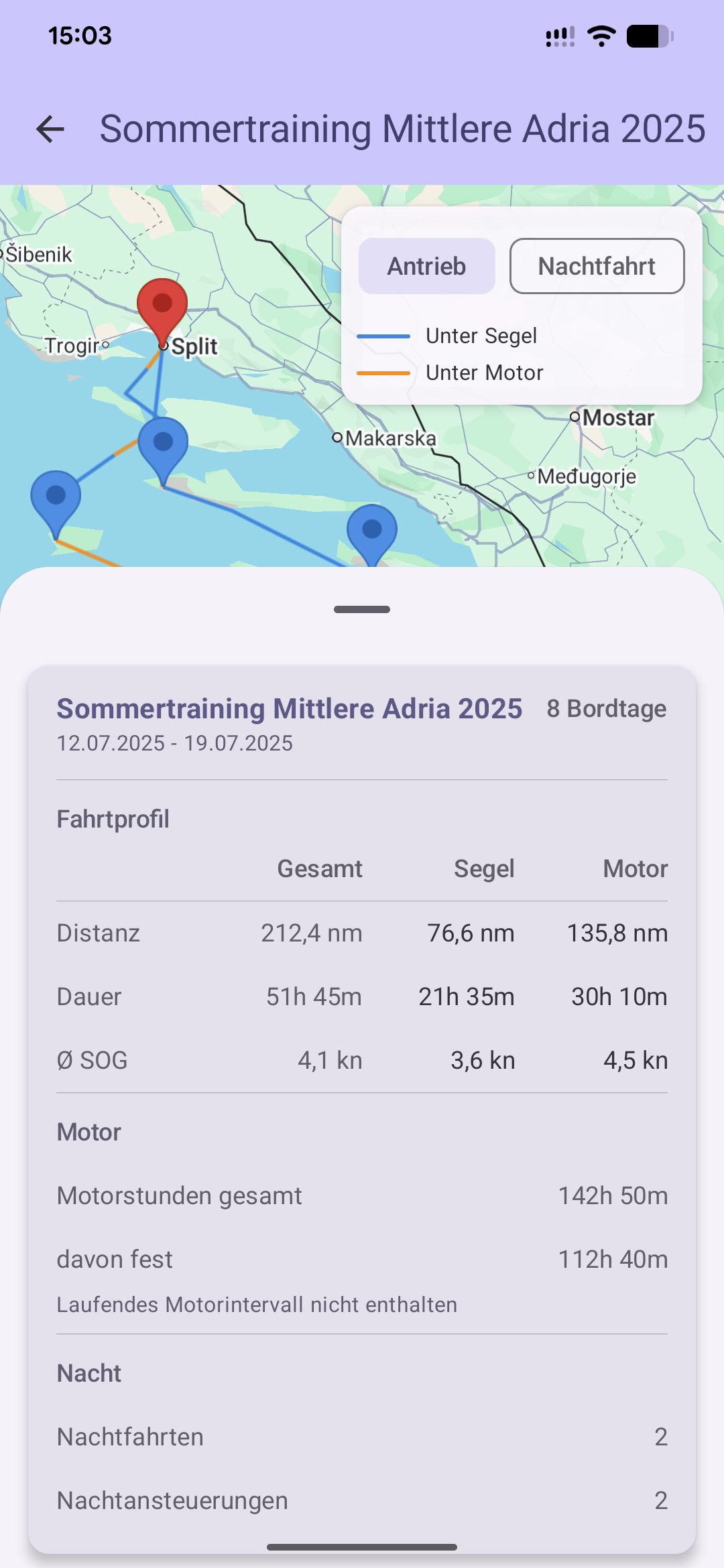 BoatLog Screenshot Route und Statistik