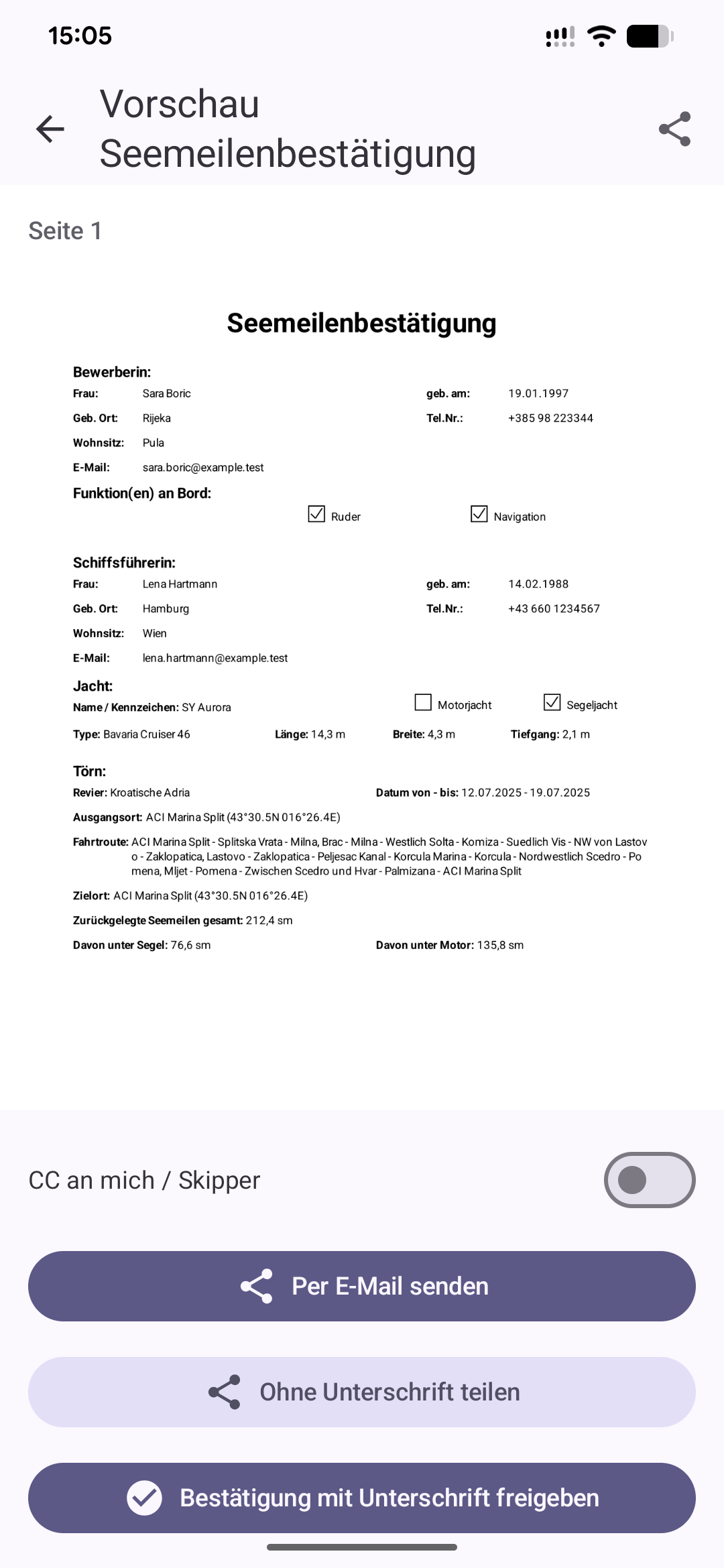 BoatLog Screenshot Seemeilenbestätigung