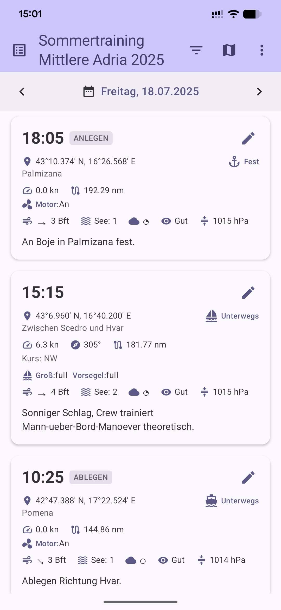BoatLog Screenshot Tageslog